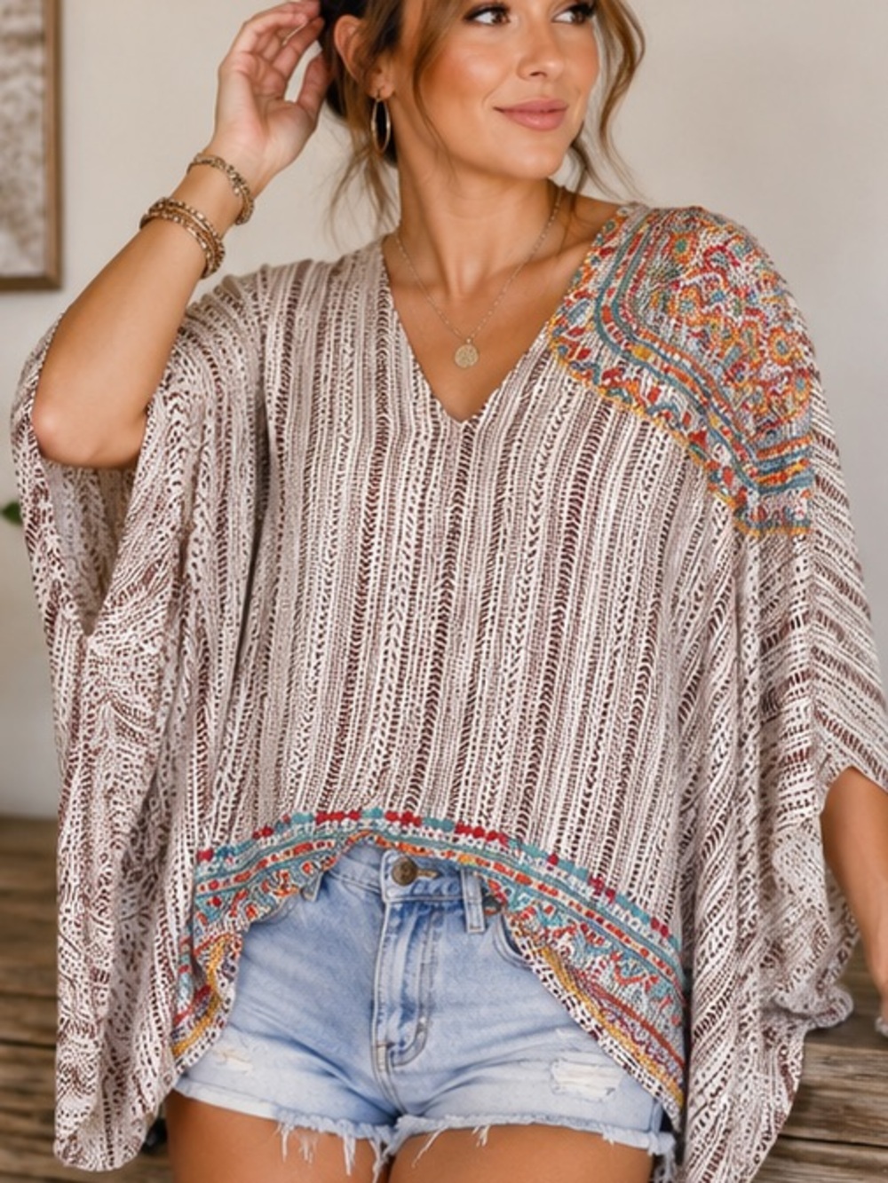 Savanna Jane White Striped Poncho Top with Coral & Blue Floral Embroidery